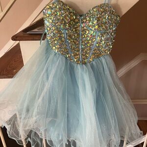 Gold and Blue Fit and Flare Prom Dress with Sweetheart Neckline